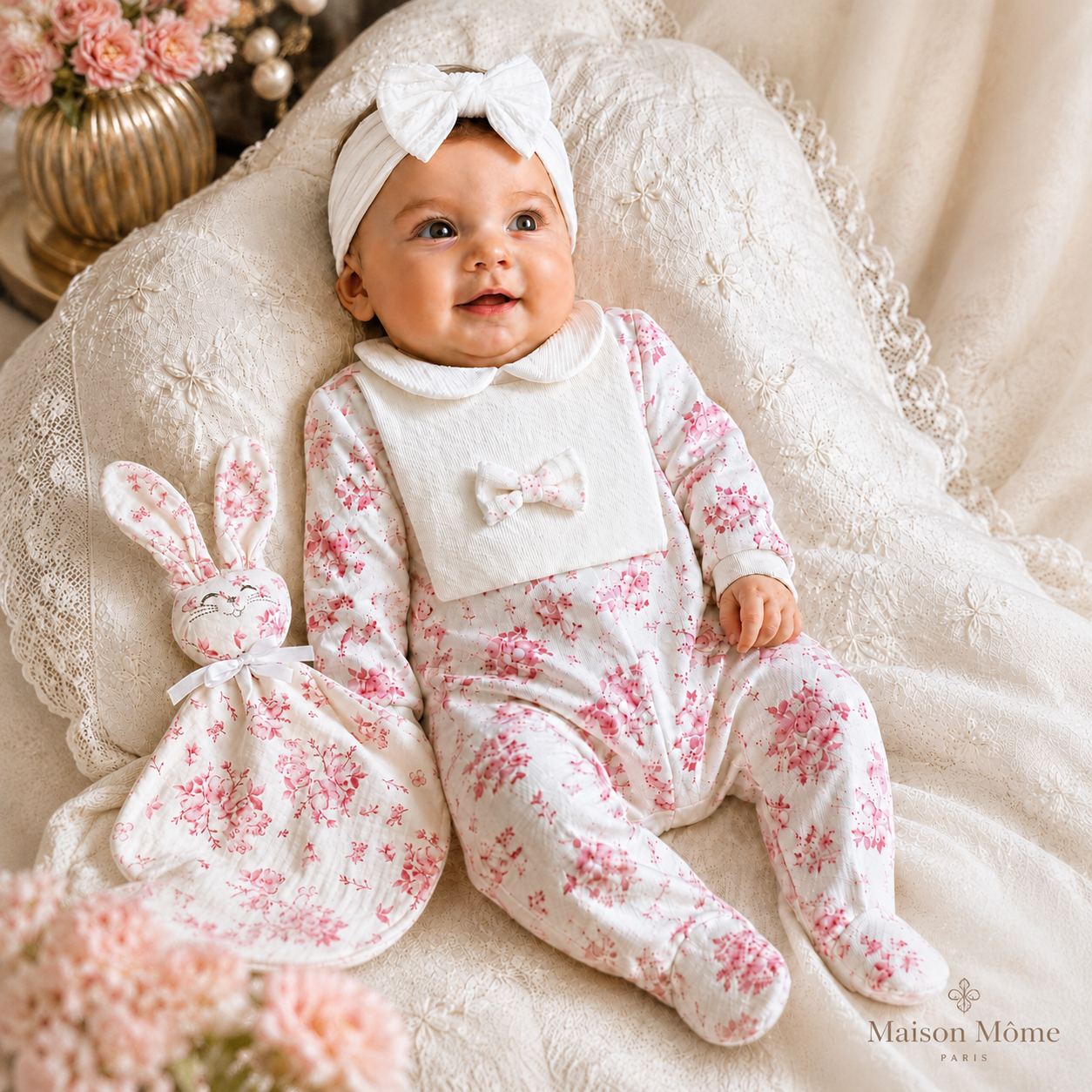 Dors bien avec noeud Fleur de Coton rose