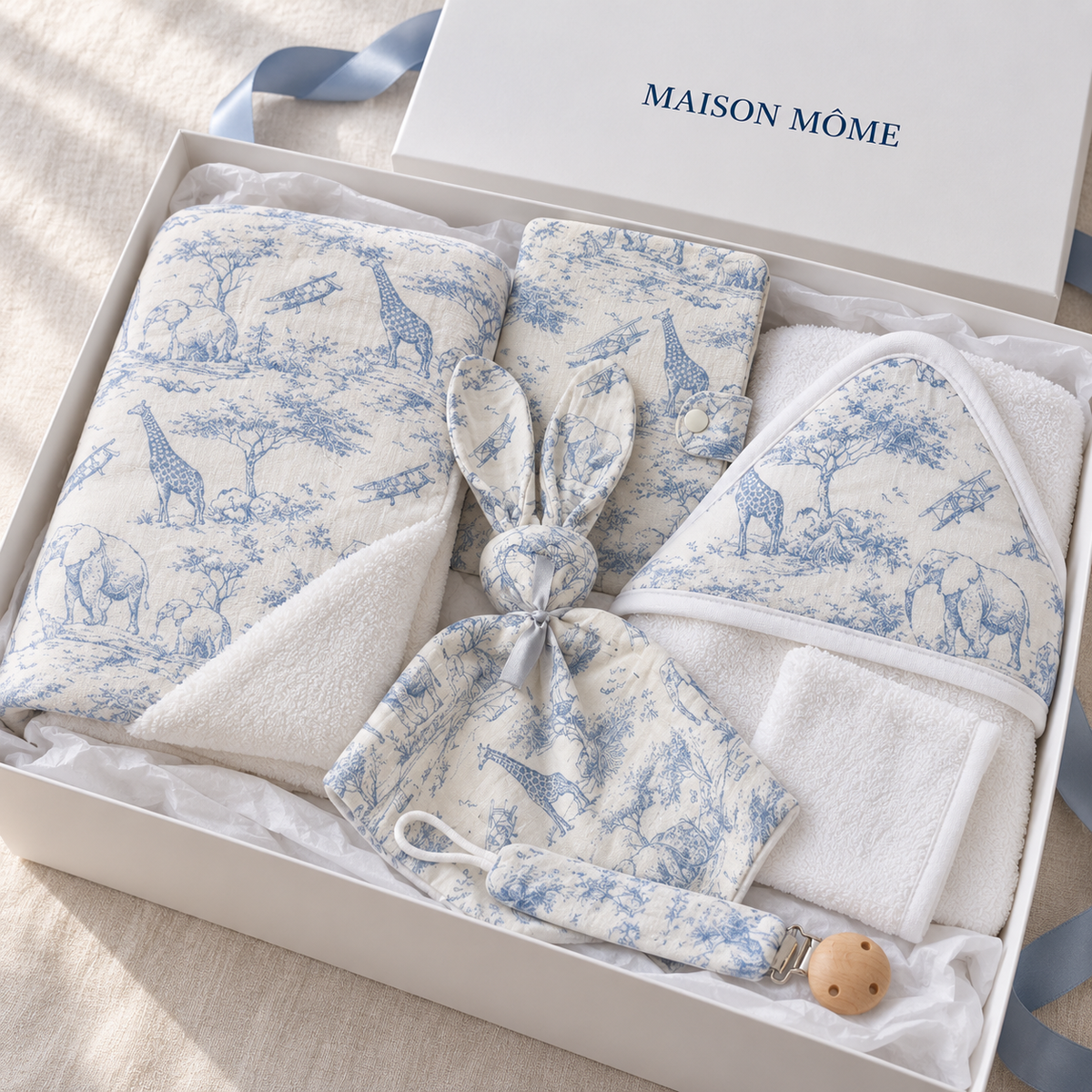 Coffret Naissance Toile de Jouy Bleu - Grand Trésor