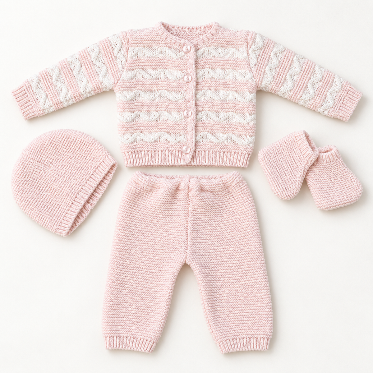 Ensemble bébé TIO rose 4 pièces présenté à plat : gilet, pantalon, bonnet et chaussons