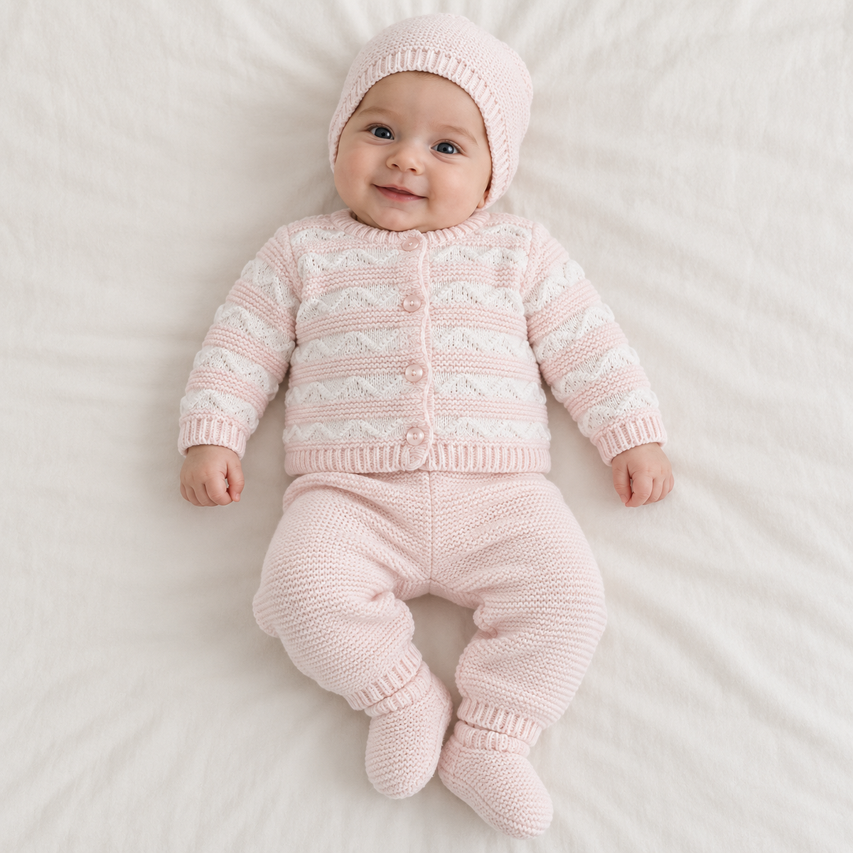 Bébé portant l’ensemble TIO rose pâle avec bonnet et chaussons assortis