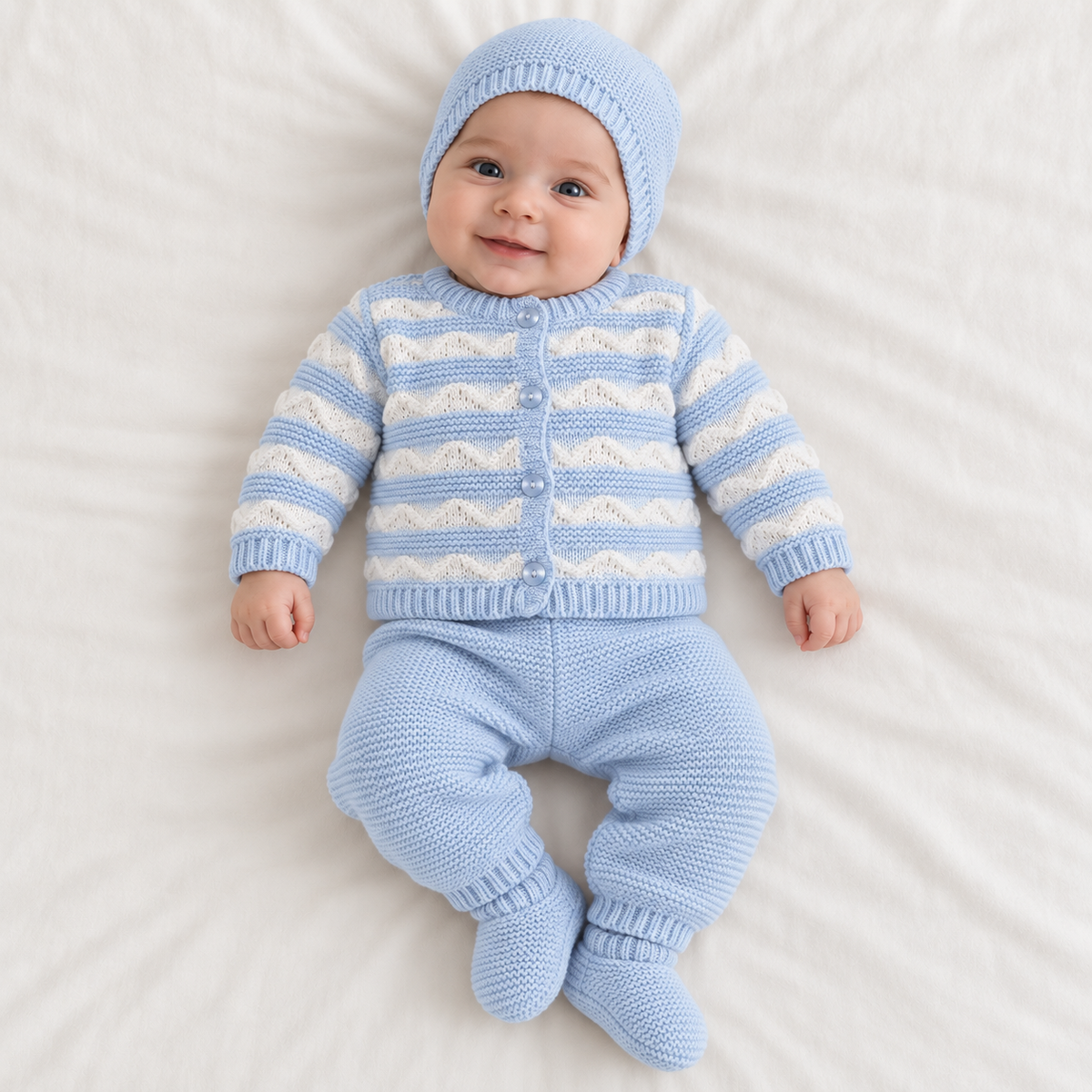 Bébé portant l’ensemble TIO bleu ciel avec bonnet et chaussons assortis