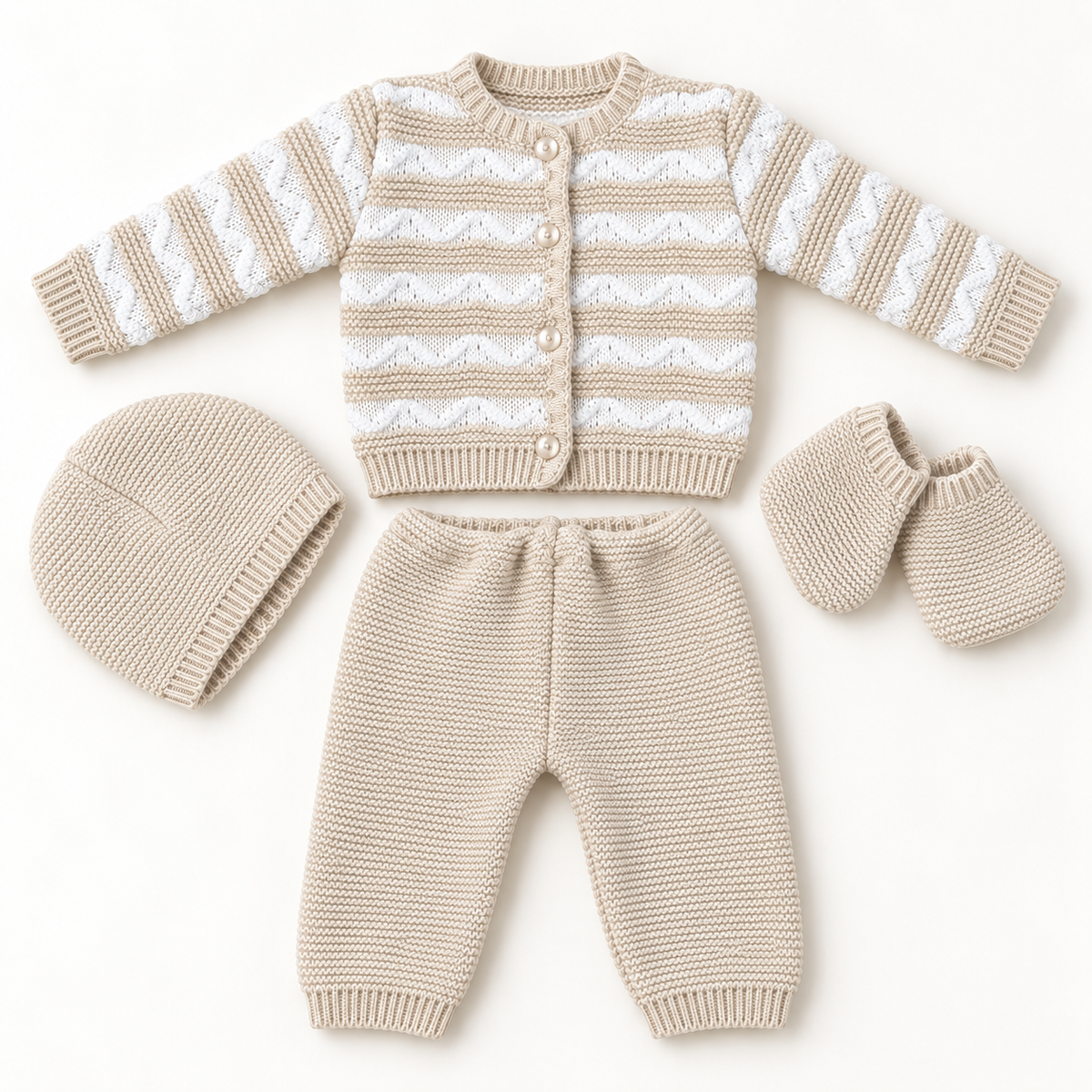 Ensemble bébé TIO beige 4 pièces présenté à plat : gilet, pantalon, bonnet et chaussons