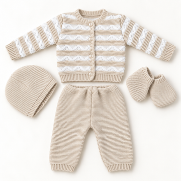 Ensemble bébé TIO beige 4 pièces présenté à plat : gilet, pantalon, bonnet et chaussons