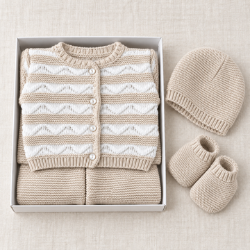Coffret TIO beige ouvert avec le bonnet et les chaussons assortis