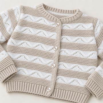 Détail du gilet TIO beige et blanc avec motifs ondulés et boutons