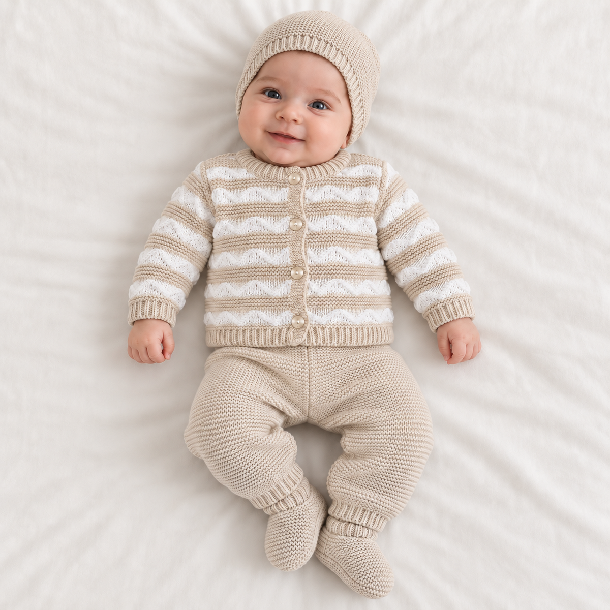 Bébé portant l’ensemble TIO beige avec gilet, pantalon, bonnet et chaussons