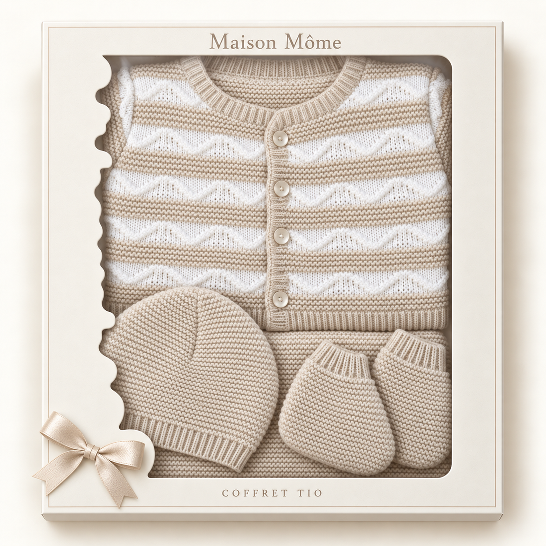 Coffret naissance TIO beige présenté dans sa boîte cadeau Maison Môme