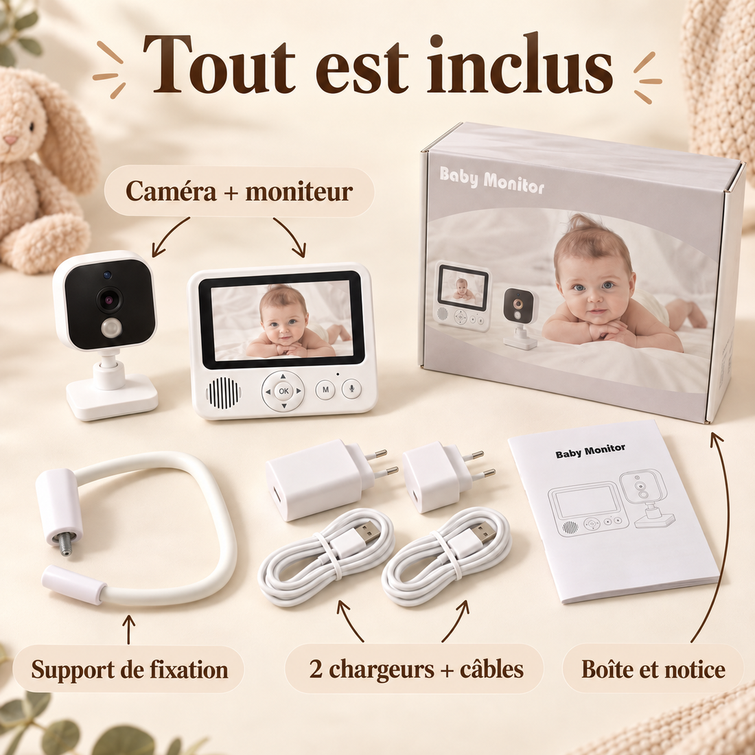 Caméra, moniteur, support, deux chargeurs, câbles et notice inclus