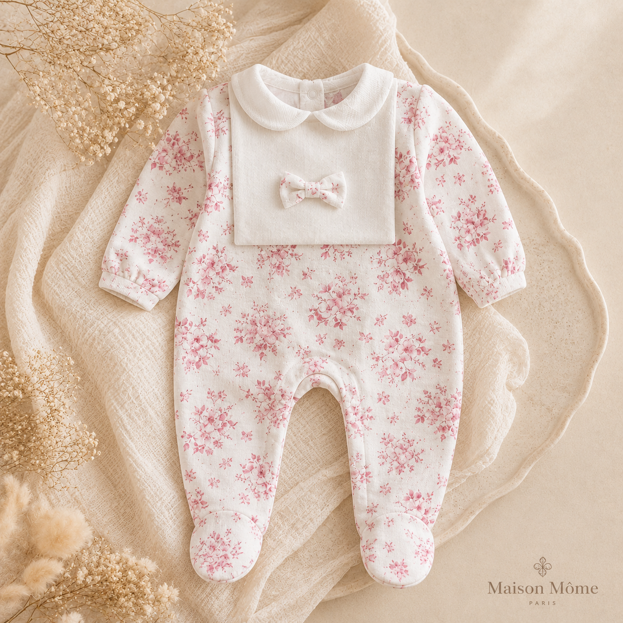 Dors bien avec noeud Fleur de Coton rose