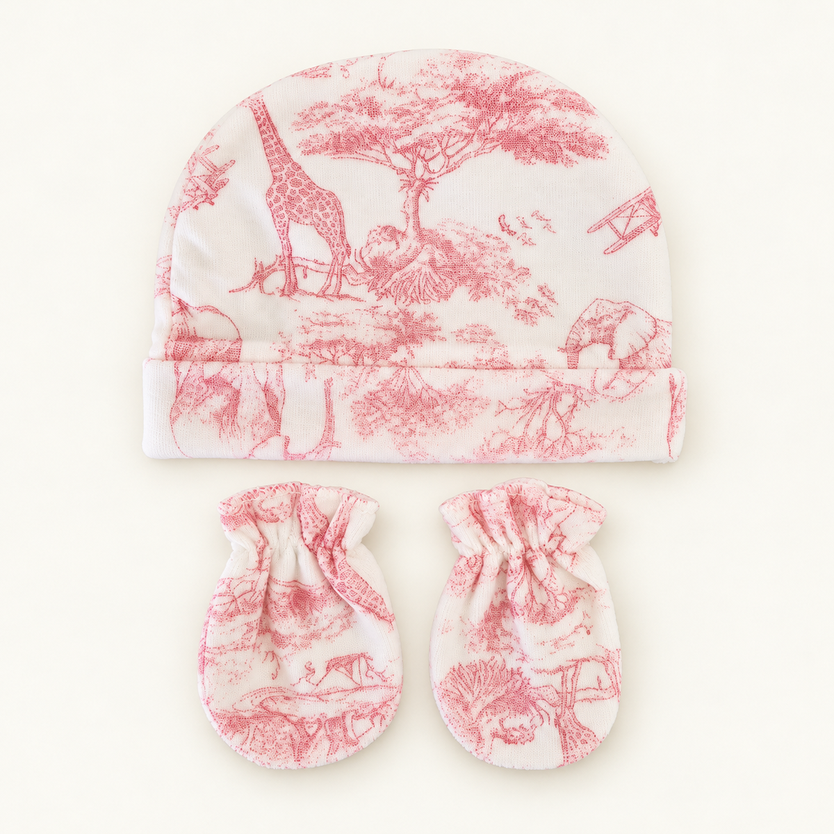 Ensemble bonnet à revers et paire de moufles bébé en coton, motif toile de Jouy rose sur fond clair