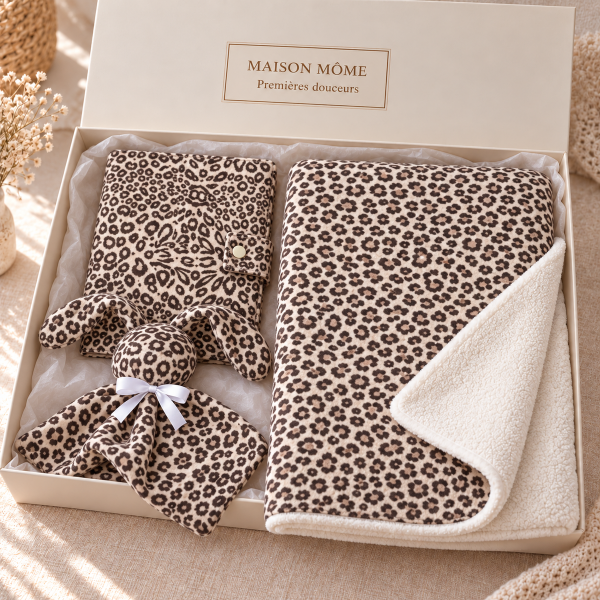 Coffret Premières douceurs léopard Maison Môme : plaid, protège-carnet de santé et doudou lapin assortis