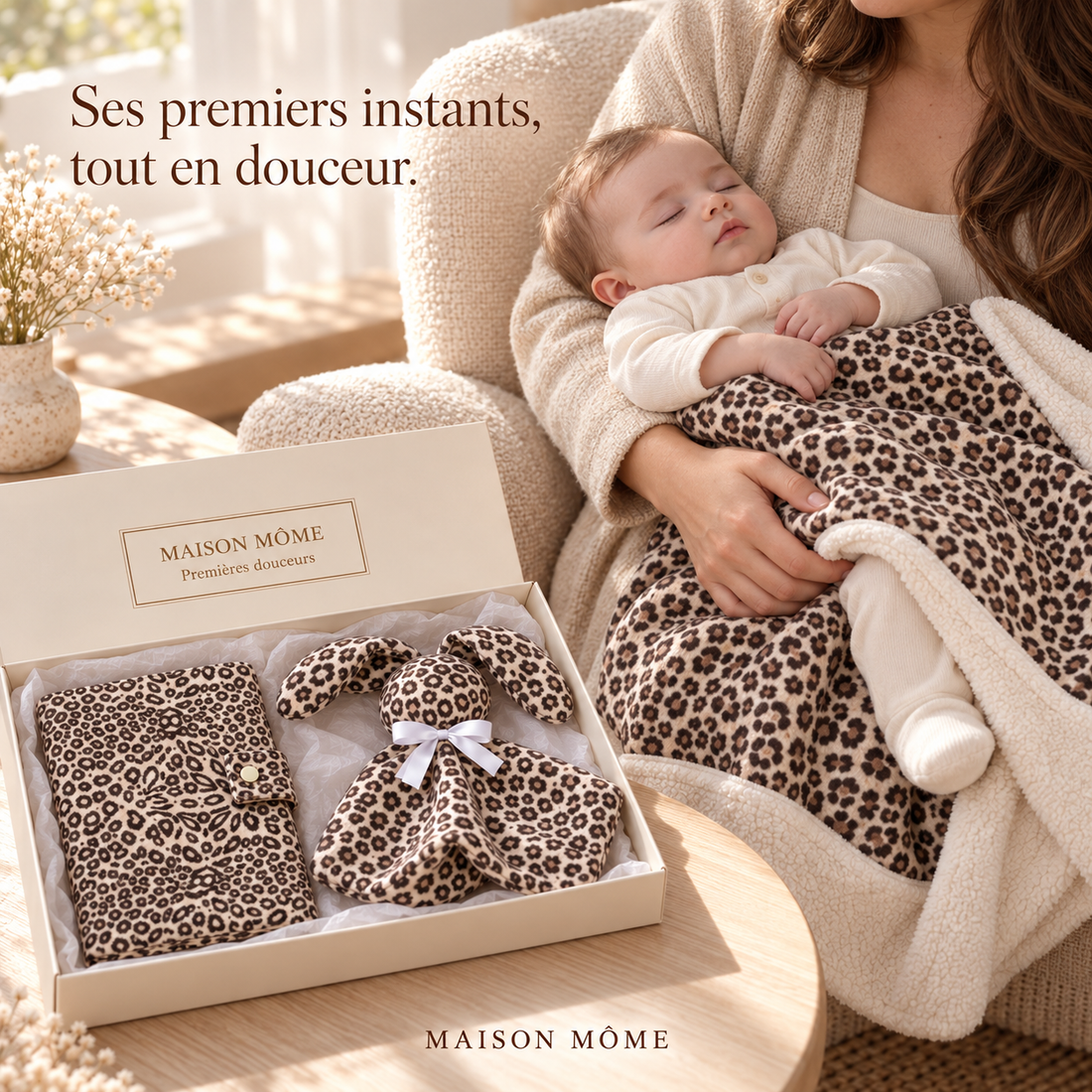 Bébé endormi dans les bras de sa maman avec le plaid léopard et le coffret Maison Môme