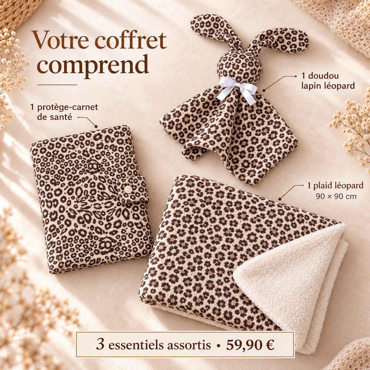 Contenu du coffret léopard : plaid 90 × 90 cm, protège-carnet de santé et doudou lapin
