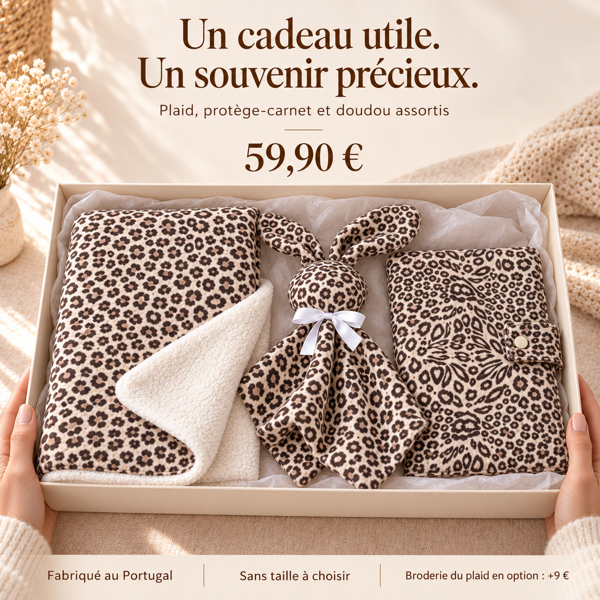 Coffret naissance léopard à 59,90 euros : trois essentiels assortis fabriqués au Portugal