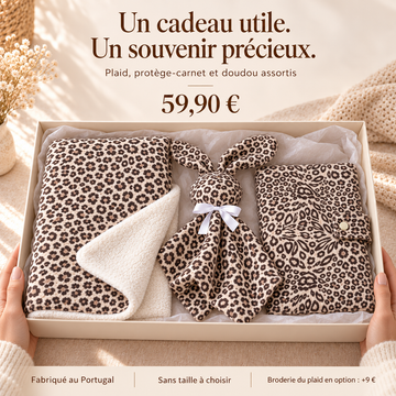 Coffret naissance léopard à 59,90 euros : trois essentiels assortis fabriqués au Portugal