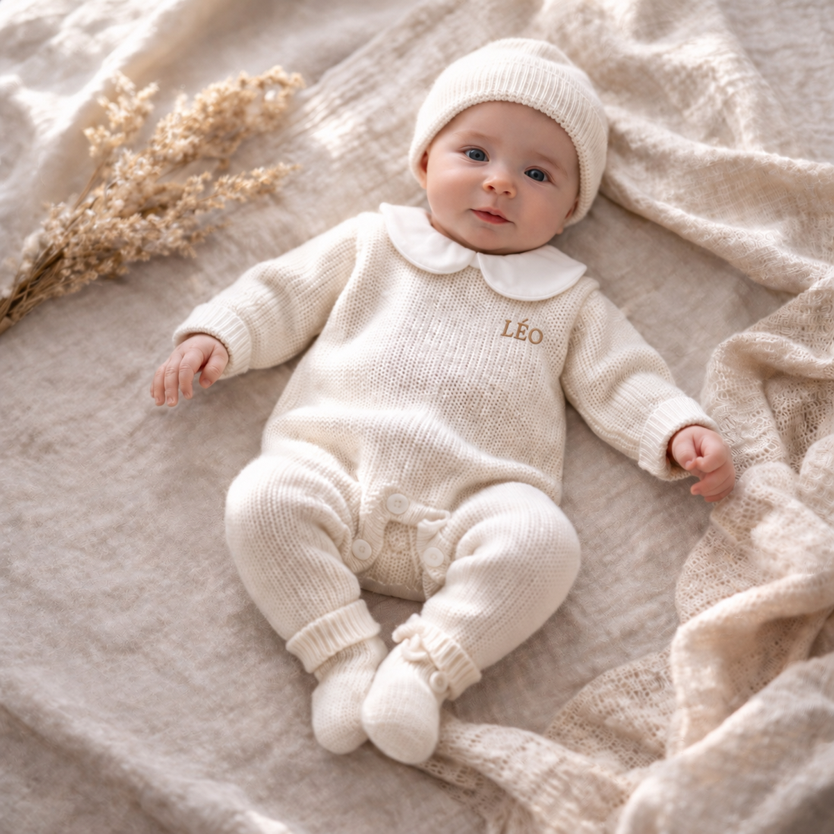 Bébé portant la combinaison tricot col Claudine blanche avec prénom Léo brodé sur la poitrine côté cœur