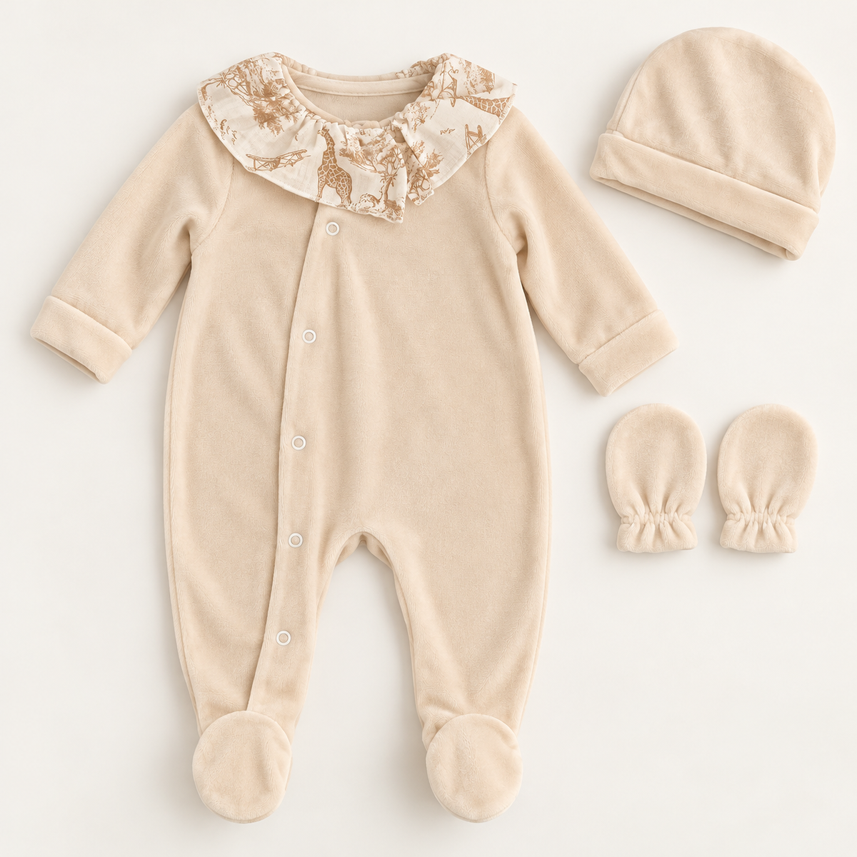 Dors-bien écru en velours avec col volanté toile de Jouy beige, bonnet et moufles