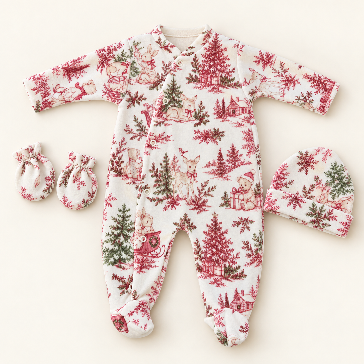 Dors-bien bébé motif Noël avec bonnet et moufles assortis – 0–3 mois