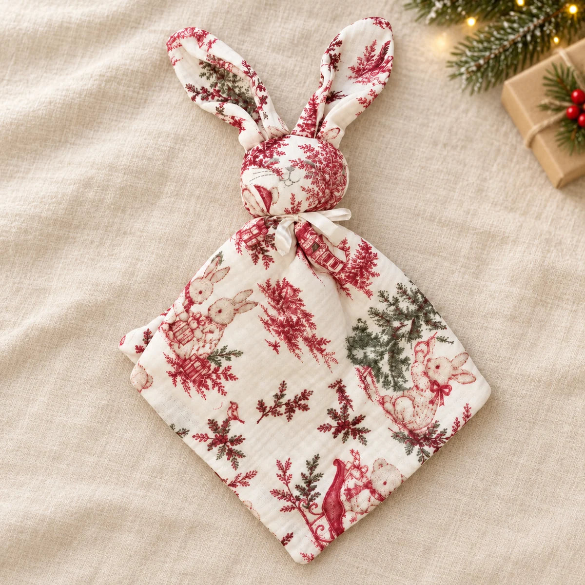 Doudou lapin motif Noël présenté sur du lin clair dans une ambiance festive