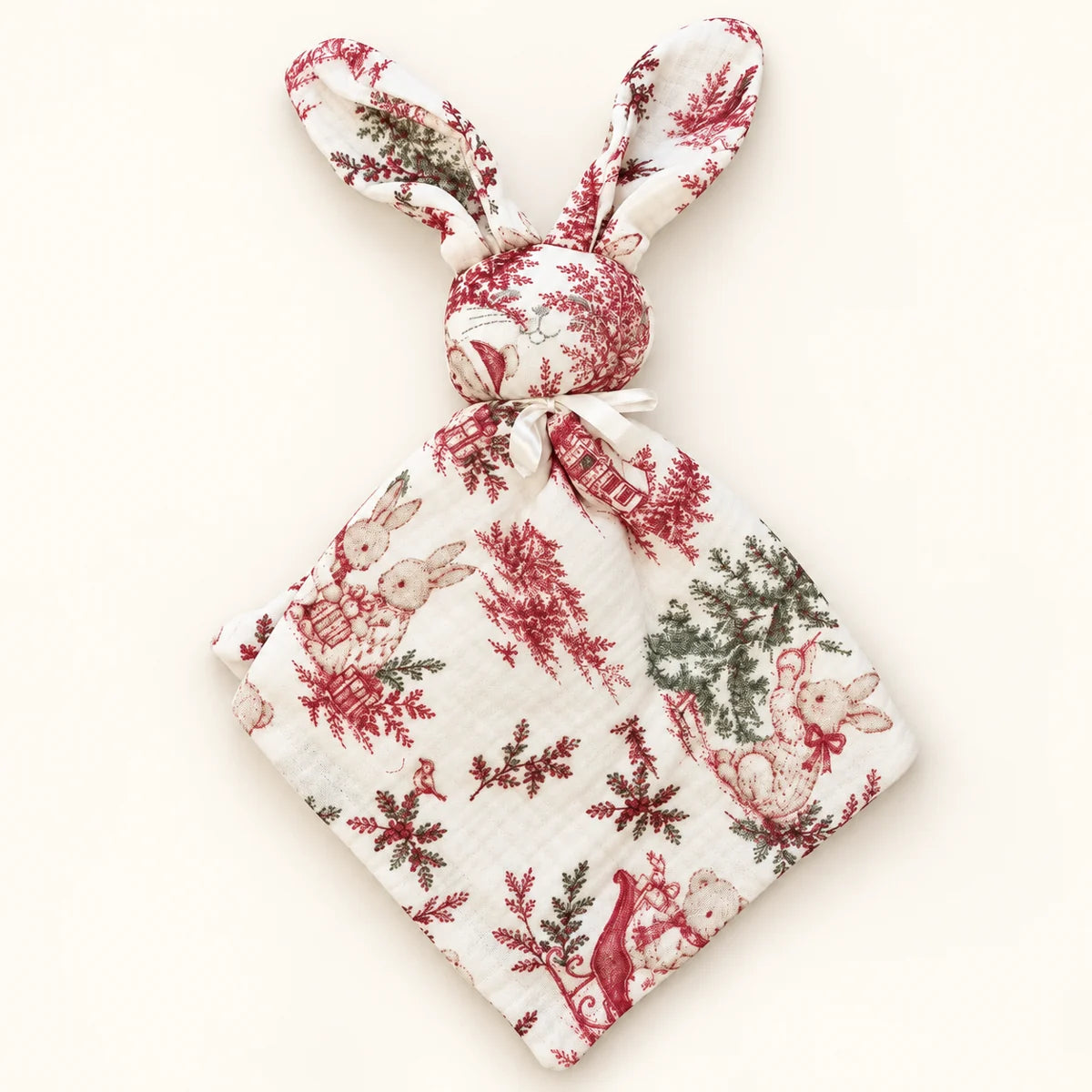 Doudou lapin Noël écru à motifs rouges et verts, avec longues oreilles et nœud blanc