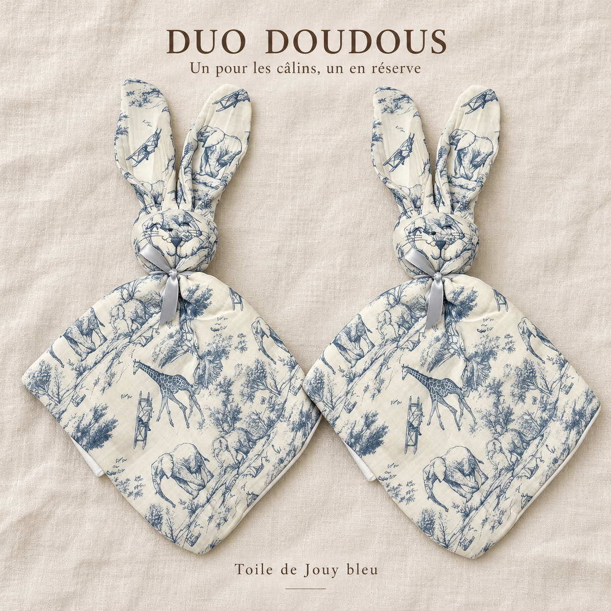 Duo de deux doudous Toile de Jouy bleu