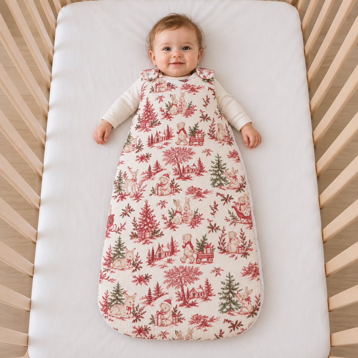 Mise en situation générée : bébé portant la gigoteuse de Noël Forêt enchantée