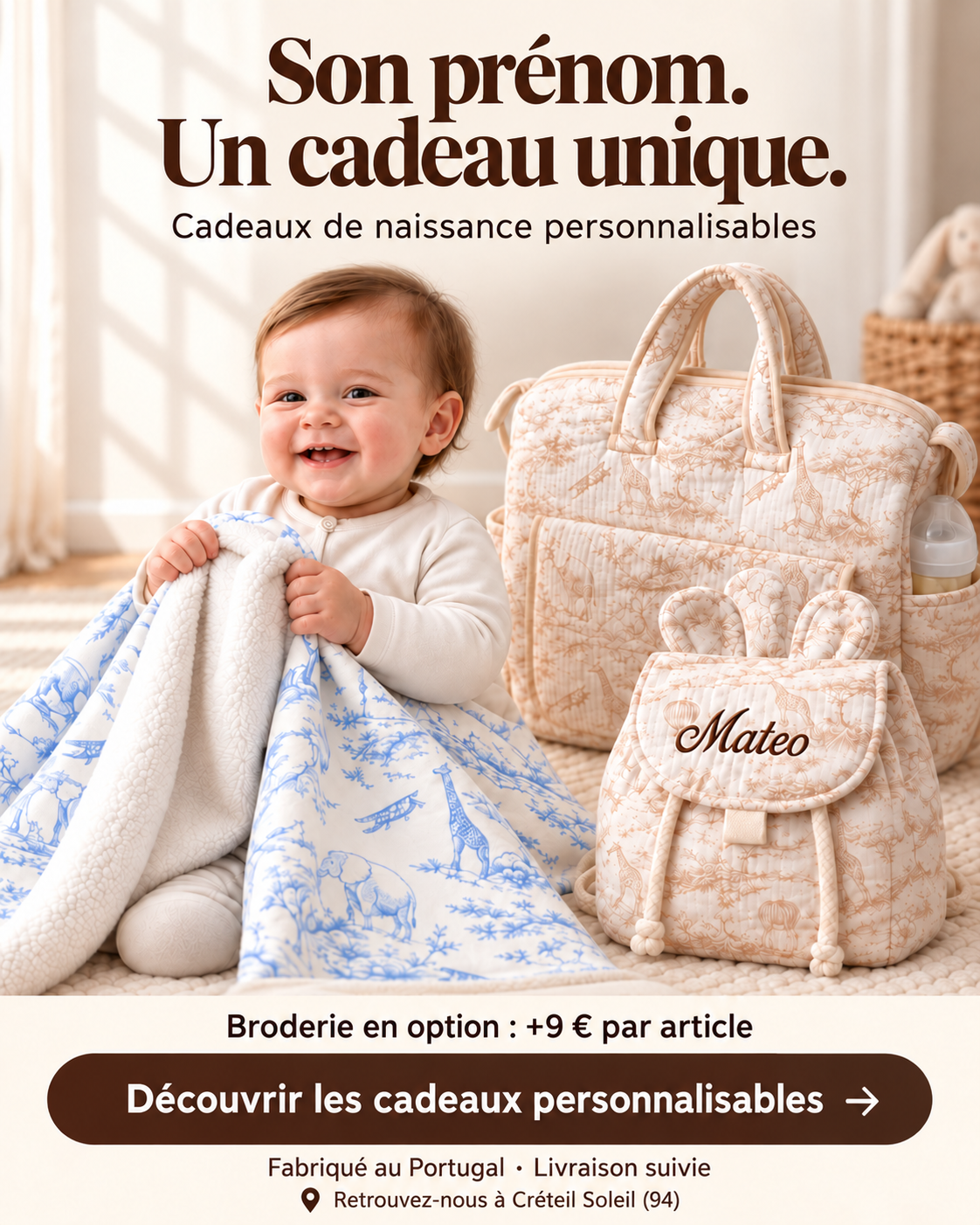 Bébé souriant avec plaid et sacs en toile de Jouy personnalisés