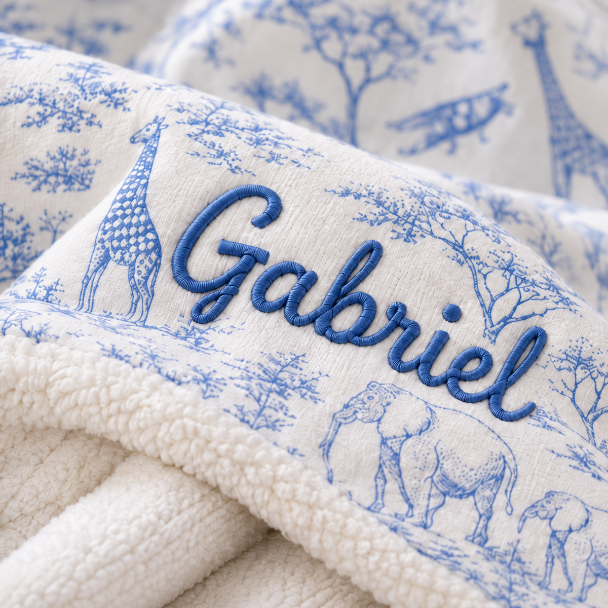Plaid toile de Jouy safari bleu avec prénom Gabriel brodé