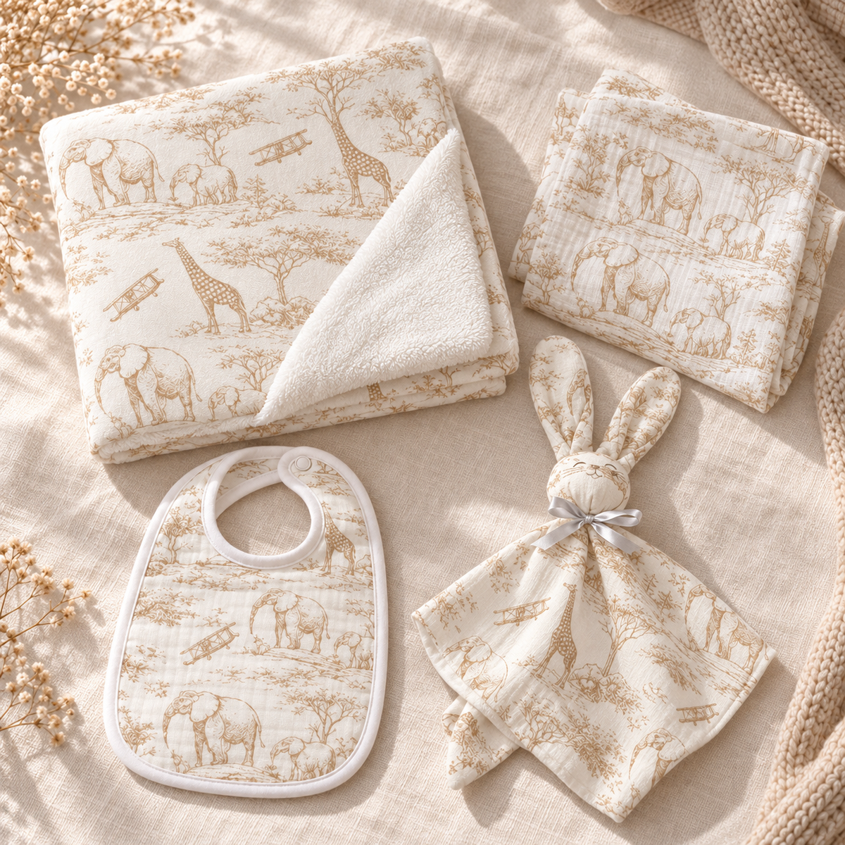 Coffret Douceur du quotidien toile de Jouy beige — présentation des quatre articles