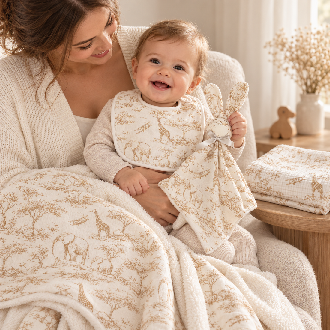 Coffret Douceur du quotidien toile de Jouy beige — maman et bébé avec les quatre articles