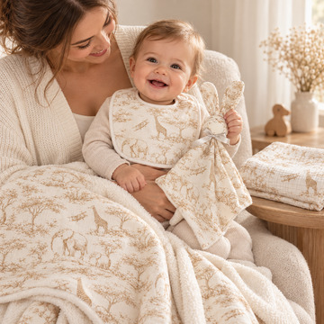 Coffret Douceur du quotidien toile de Jouy beige — maman et bébé avec les quatre articles
