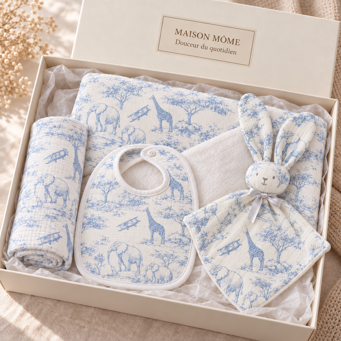 Coffret Douceur du quotidien toile de Jouy bleu — coffret ouvert