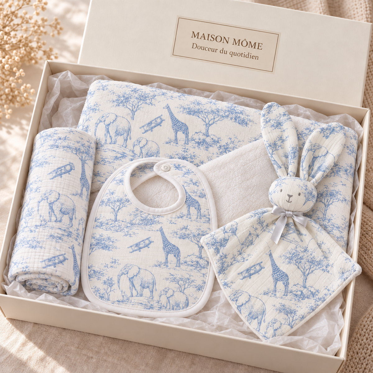 Coffret Douceur du quotidien toile de Jouy bleu — coffret ouvert