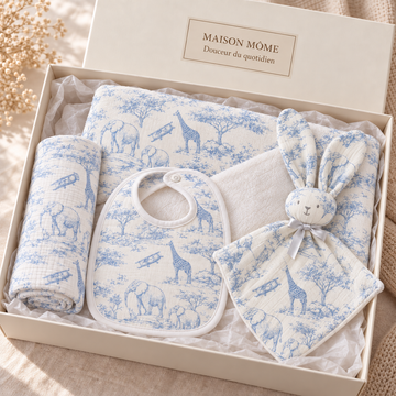 Coffret Douceur du quotidien toile de Jouy bleu — coffret ouvert