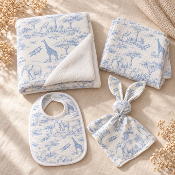 Coffret Douceur du quotidien toile de Jouy bleu — présentation des quatre articles