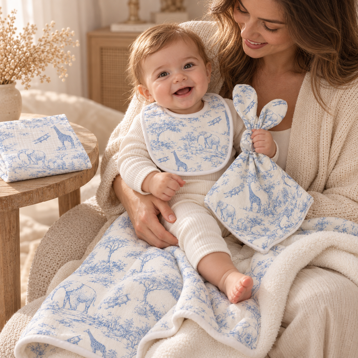 Coffret Douceur du quotidien toile de Jouy bleu — maman et bébé avec les quatre articles