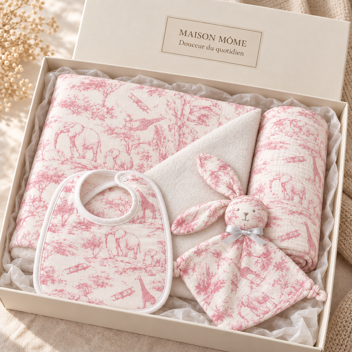 Coffret Douceur du quotidien toile de Jouy rose — coffret ouvert
