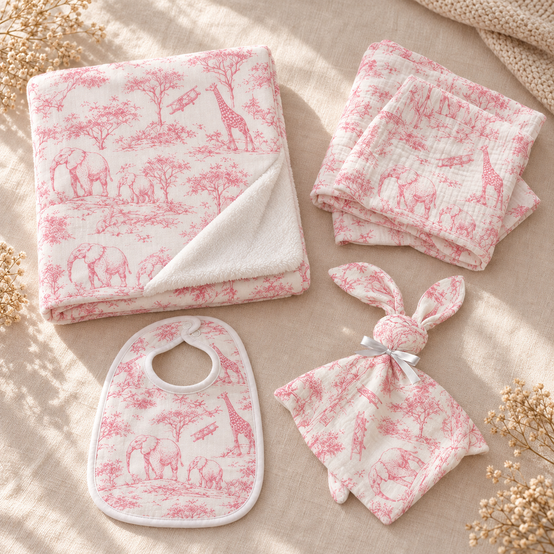 Coffret Douceur du quotidien toile de Jouy rose — présentation des quatre articles