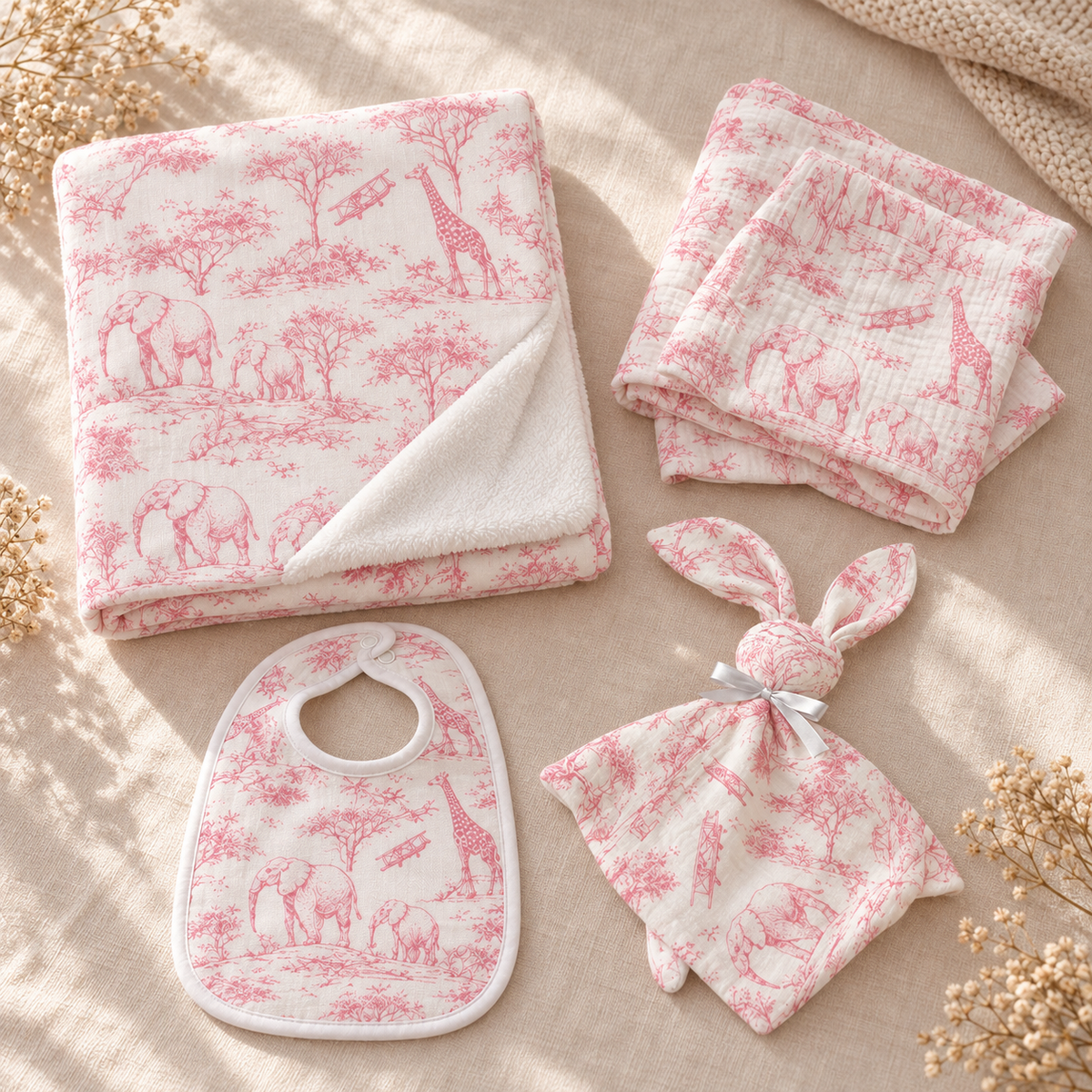 Coffret Douceur du quotidien toile de Jouy rose — présentation des quatre articles