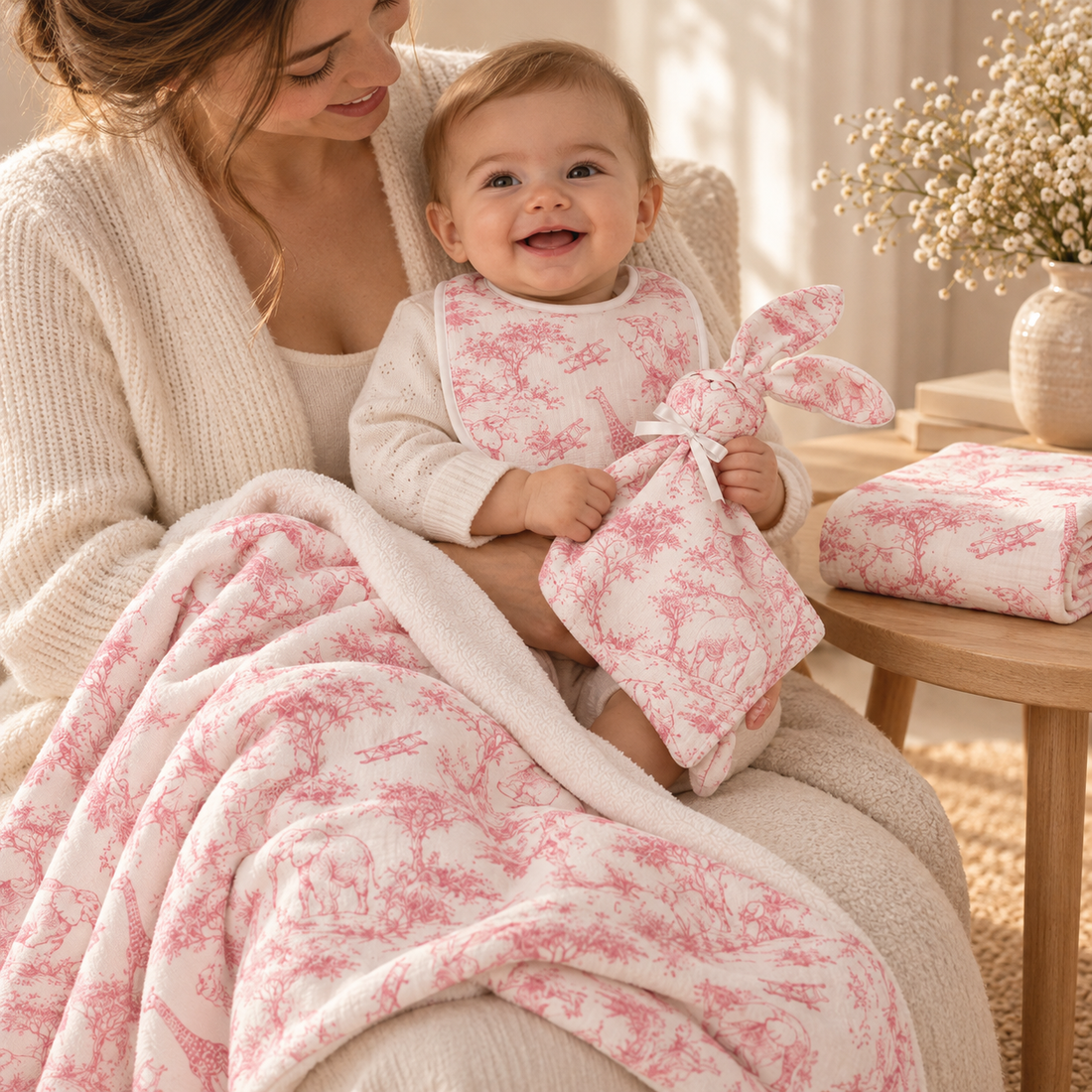 Coffret Douceur du quotidien toile de Jouy rose — maman et bébé avec les quatre articles