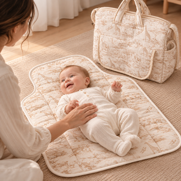 Bébé sur le tapis nomade avec le sac à langer assorti