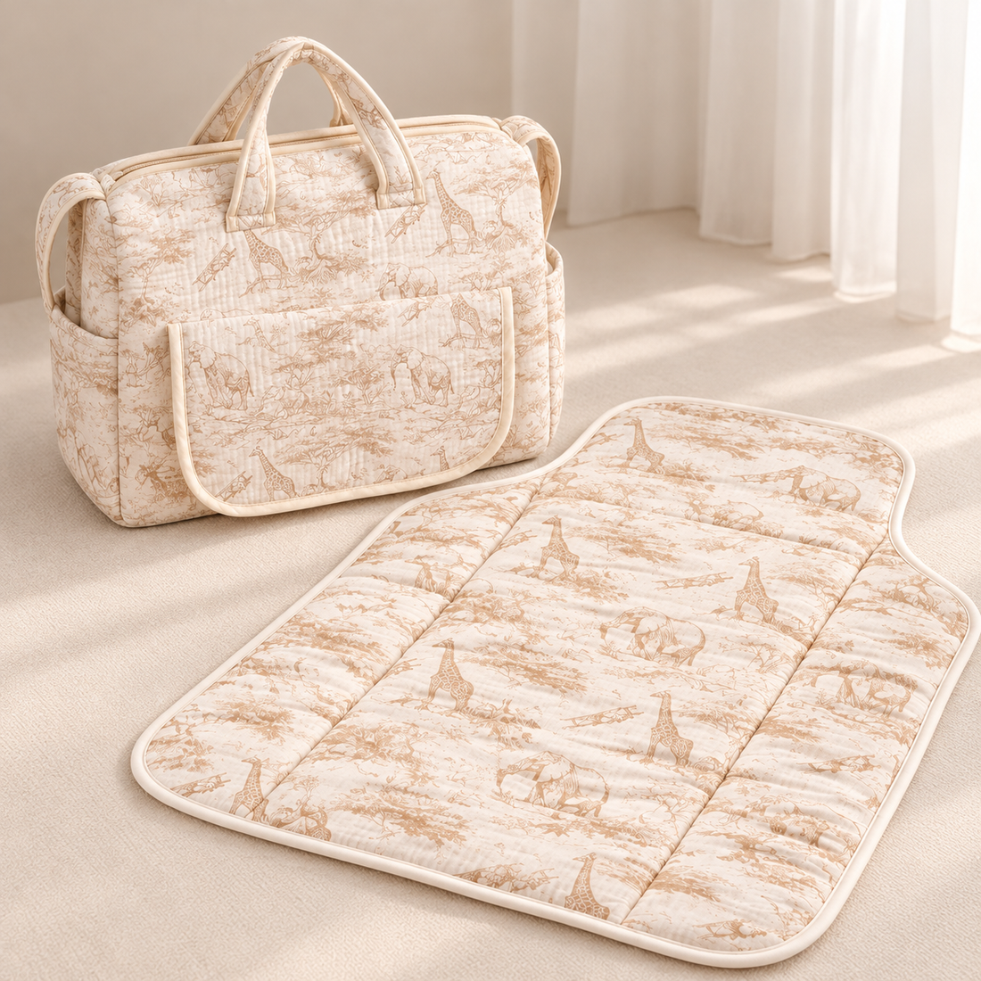 Sac à langer et tapis nomade déplié Toile de Jouy