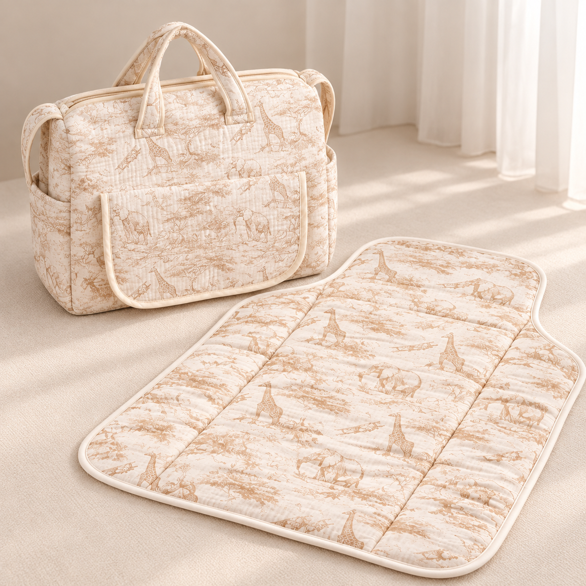 Sac à langer et tapis nomade déplié Toile de Jouy