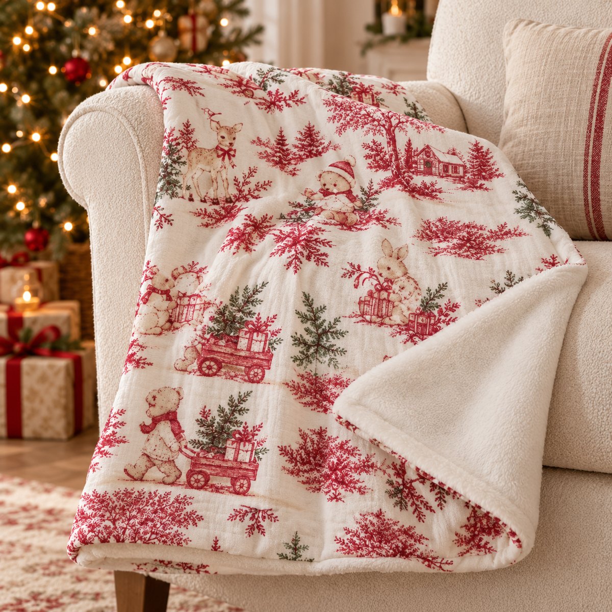 Plaid bébé de Noël sur un fauteuil dans une ambiance de fêtes