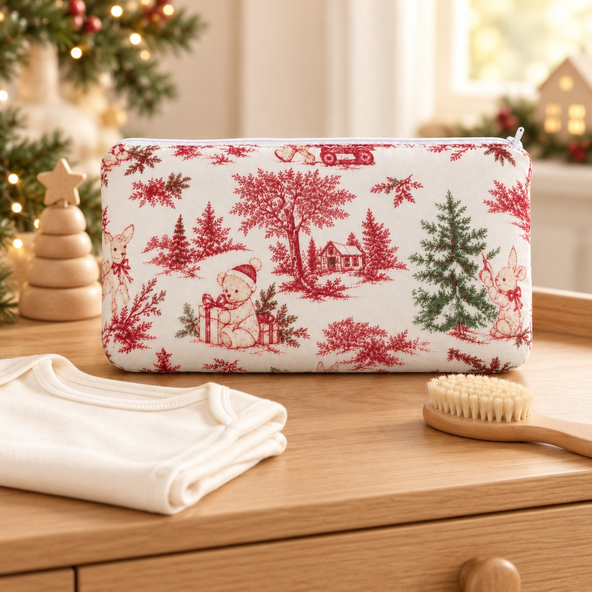 Pochette bébé zippée – Motif Noël — mise en situation, visuel généré