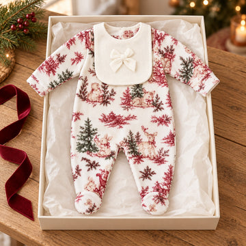 Pyjama bébé Noël – Motif Noël & bavoir à nœud — mise en situation, visuel généré