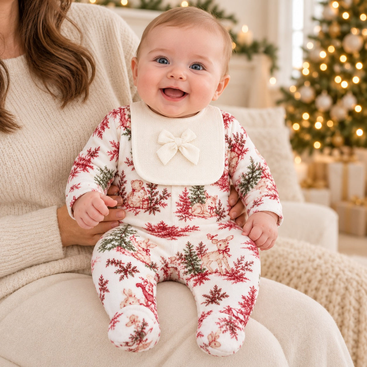 Pyjama bébé Noël – Motif Noël & bavoir à nœud — avec bébé, visuel généré