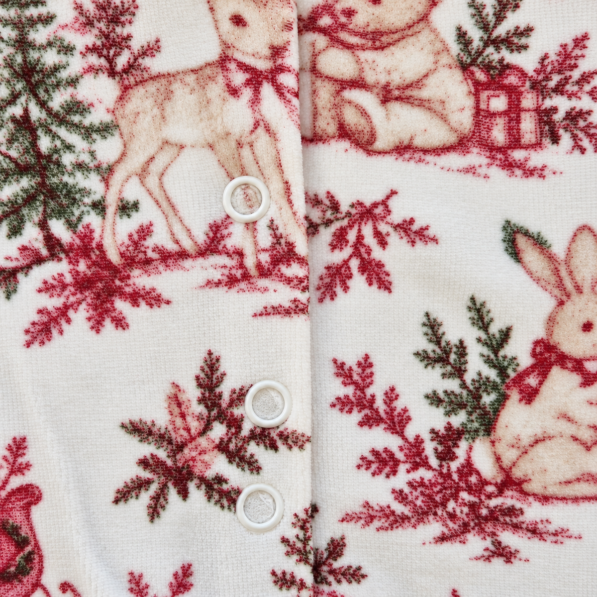 Détail du motif Noël et des boutons-pression