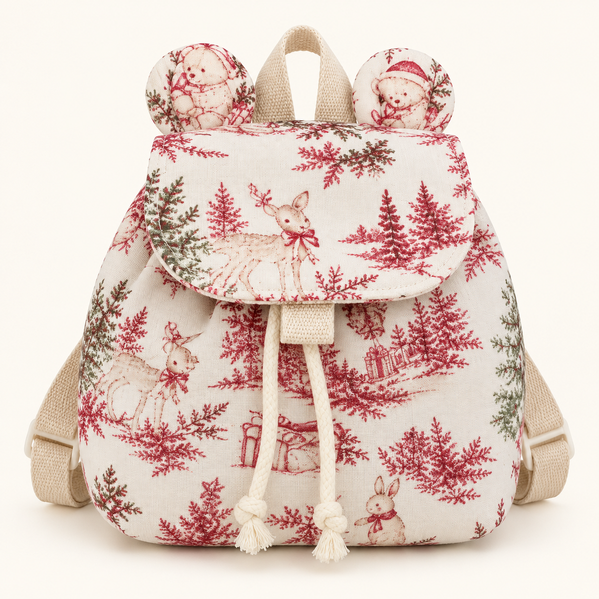 Sac à dos enfant motif Noël écru, rouge et vert, vue de face avec rabat et petites oreilles